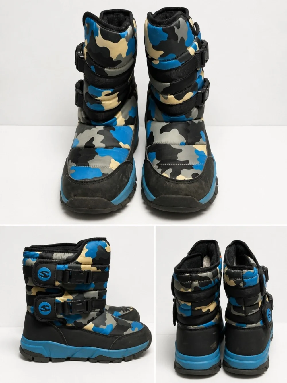 Kids Winter Snow Boots Blue Camo Faux Fur Lined Size 38 (240) Waterproof Style